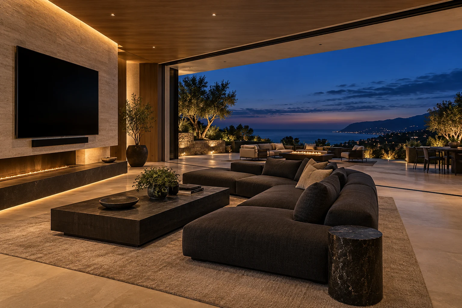 Illustrative connected indoor living room and outdoor terrace at dusk