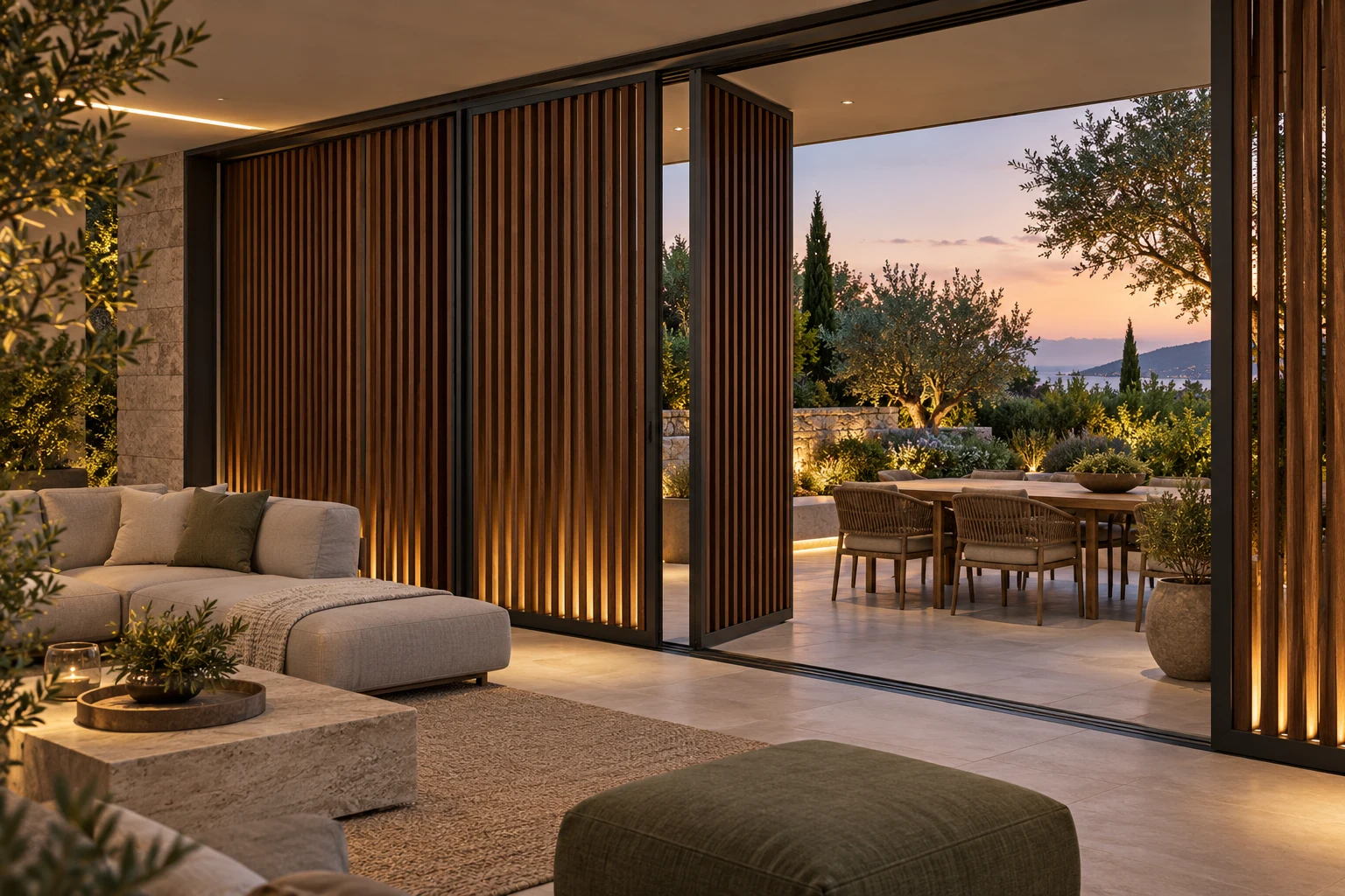 Design concept of operable timber-louver partitions defining an outdoor living area