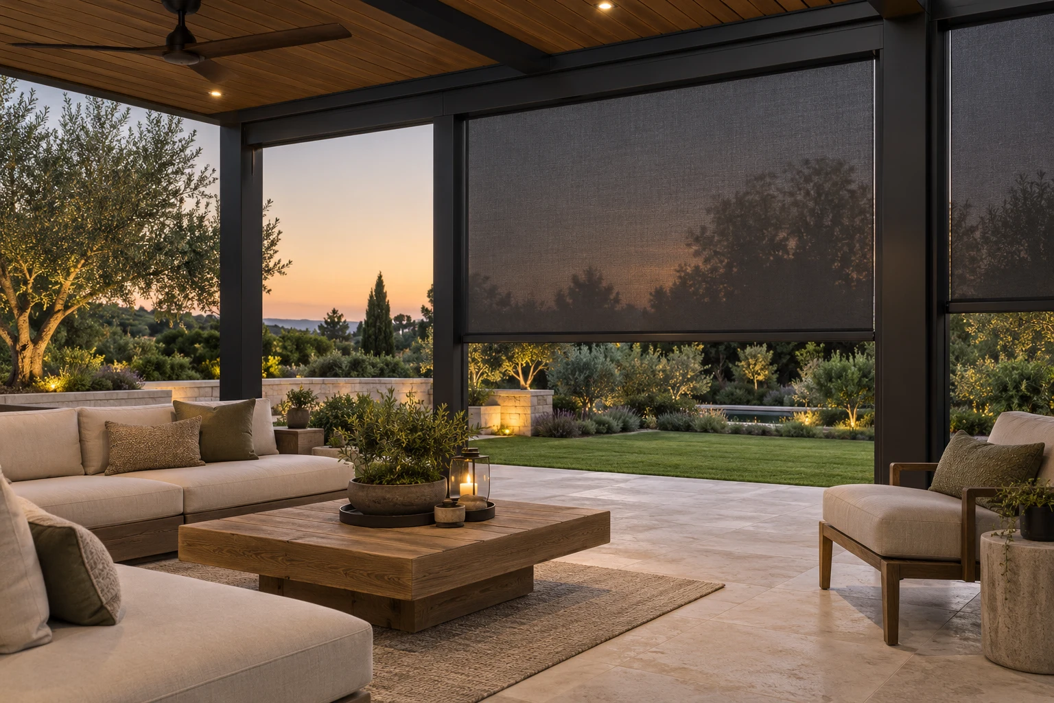 Illustrative motorized outdoor shades framing a modern terrace