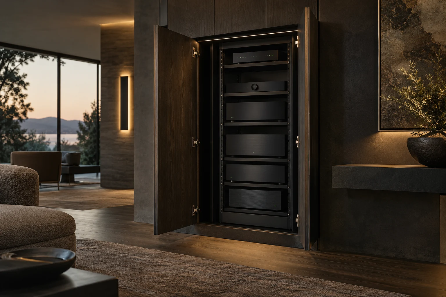 Design concept of a discreet oak cabinet housing organized home entertainment and control equipment